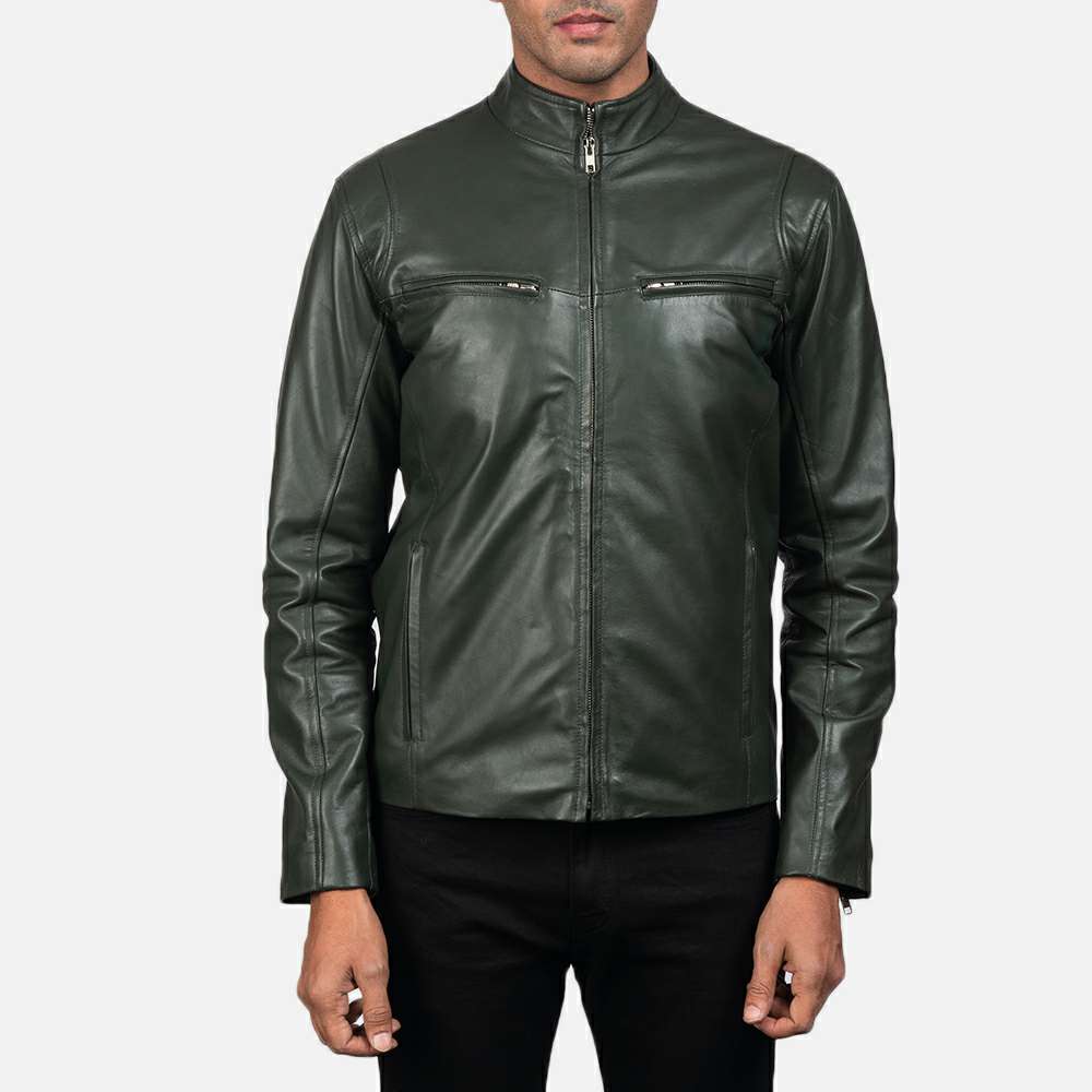Dark Green Leather Cafe Racer Jacket with Chest Zip Pockets